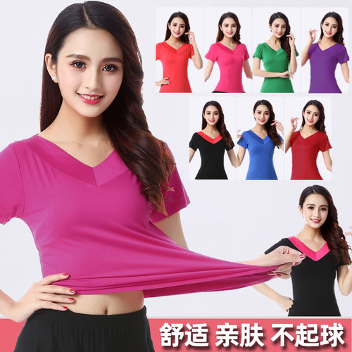 广场舞服装上衣短袖莫代尔V领女