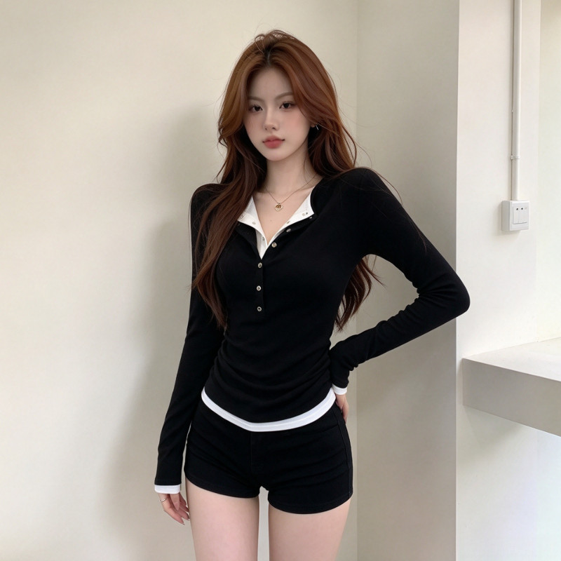 美式辣妹假两件亨利领长袖T恤女