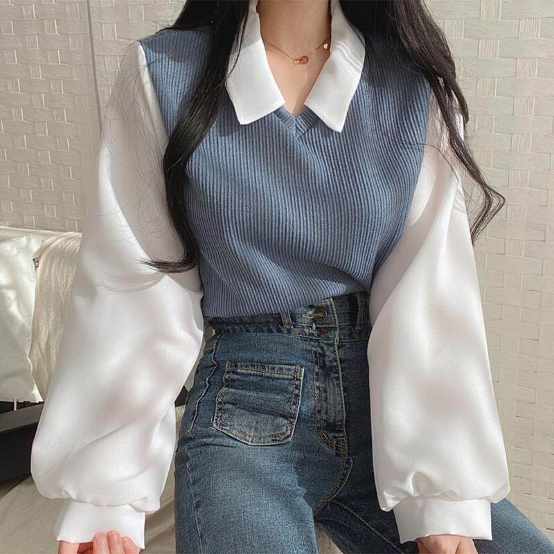 假两件T恤女POLO领螺纹长袖卫衣