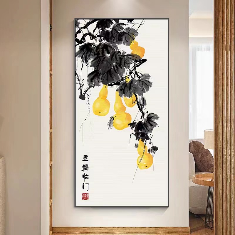 入户玄关画五福临门新中式挂画福禄壁画正对门背景墙装饰画晶瓷画