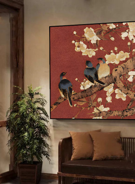 喜上眉梢中古风餐厅装饰画床头背景墙挂画美式复古油画卧室壁画芯
