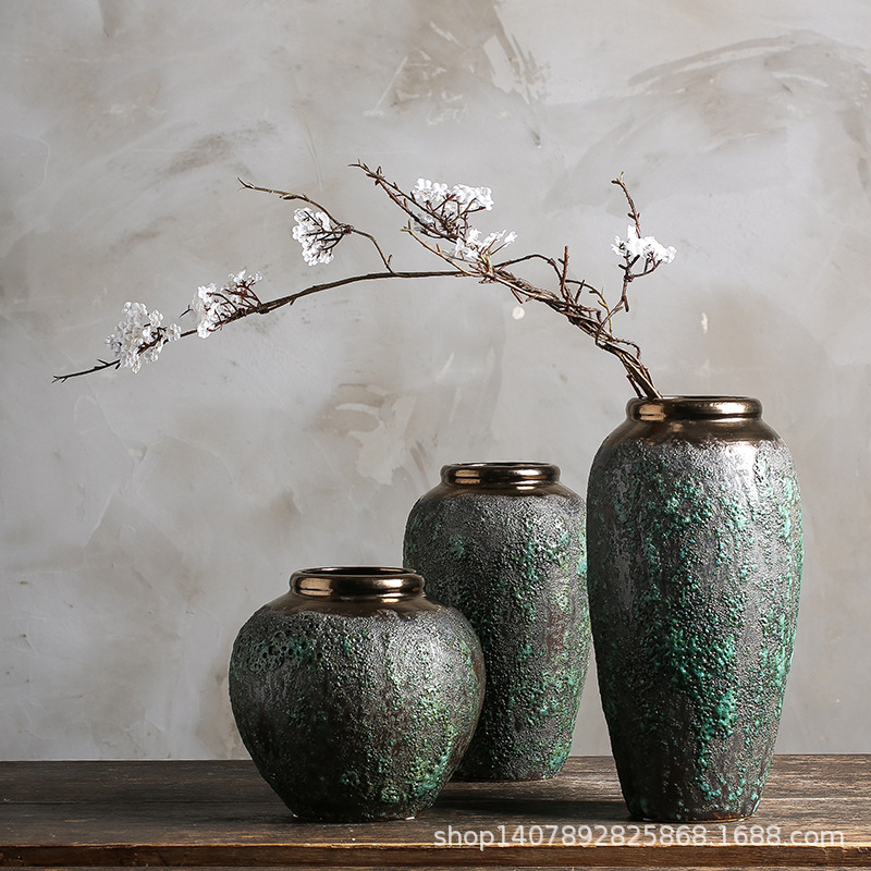 复古做旧中式景德镇陶瓷小花瓶客厅插干花玄关摆件 陶罐粗陶花盆