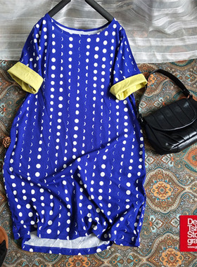 日本DGY原单 文艺翻边撞色短袖 洋气紫色渐变圆点套T恤连衣裙女特