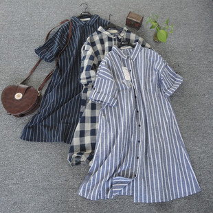 外贸原单夏季经典款文艺翻领棉麻两用袖条纹衬衫宽松中长款衬衣女
