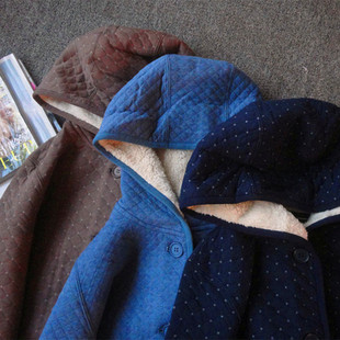 日D实用主义文艺范针织绗缝夹棉外套连帽 薄棉衣特 柔软压格中长款