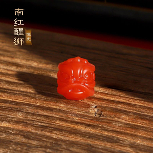 天然保山南红玛瑙满肉柿子红精雕醒狮顶珠背云金刚星月菩提配饰件