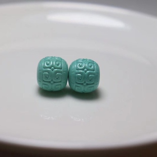 天然原矿松石回纹珠桶珠祥云珠文玩配珠高瓷绿松石顶珠腰珠菱镁矿