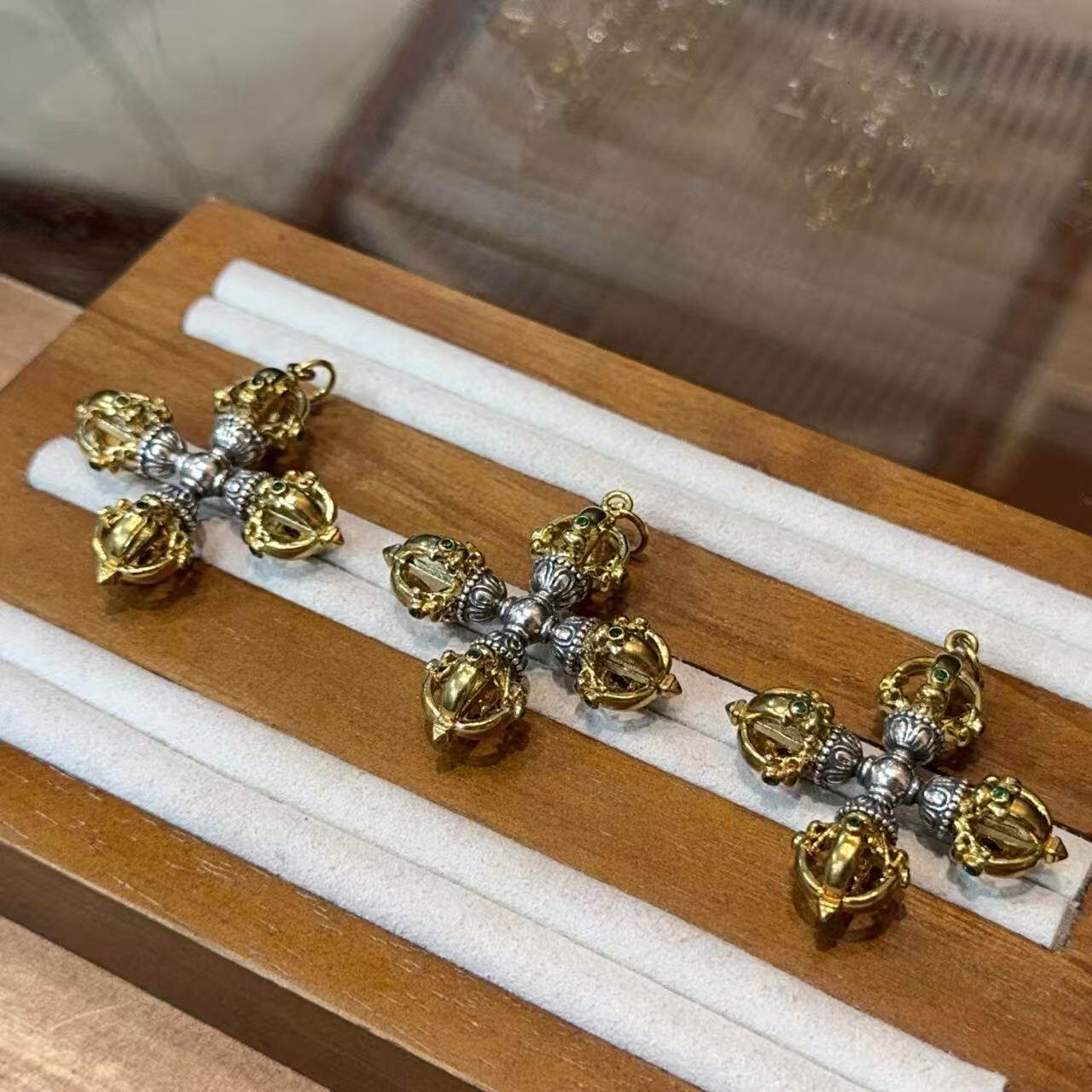 藏式十字金刚杵金刚橛项链吊坠项链挂坠银饰颈链纯铜镶嵌金刚杵