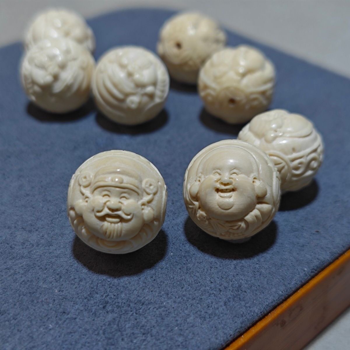 天然保真猛犸象牙雕刻件 财神弥勒圆珠 手链小配饰件 DIY左右孔