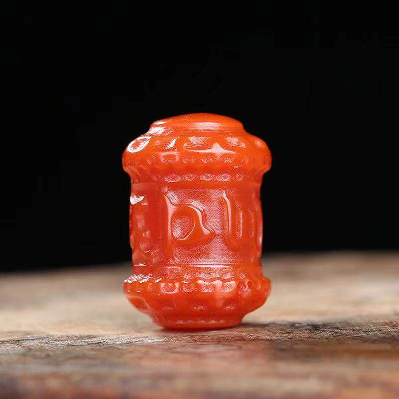 纯天然满肉满色柿子红南红雕刻六字真言配珠 精工老型桶珠diy配饰