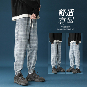 2021春季束脚宽松牛仔裤格子工艺抽绳休闲裤XZ-221-K885-P55控68图片