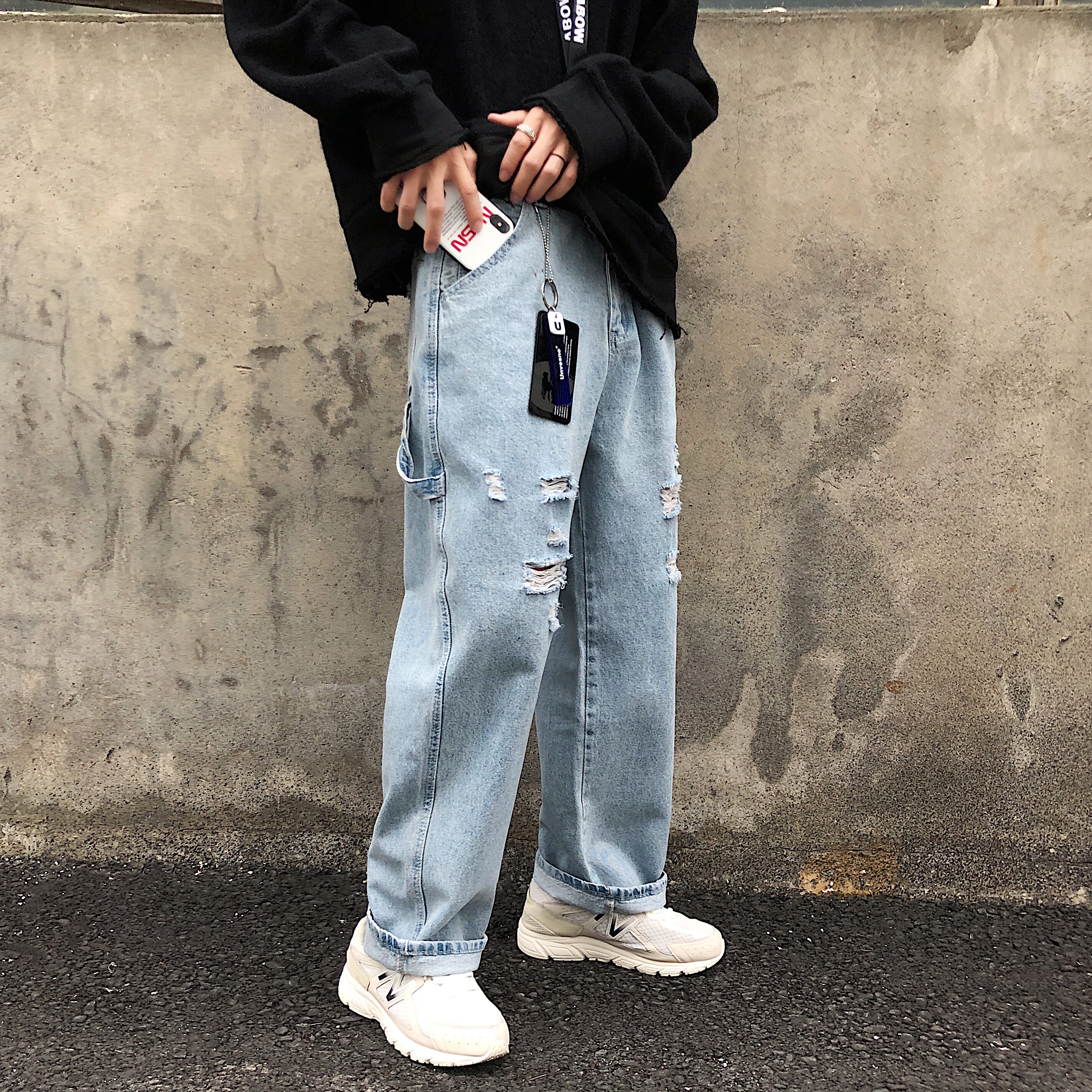 2021春秋新品男宽松直筒休闲破洞牛仔裤XZ-221-1图片