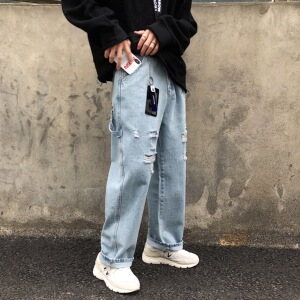 2021春秋新品男宽松直筒休闲破洞牛仔裤XZ-221-1图片