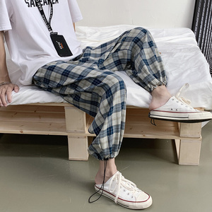 情侣休闲裤格子长裤垂感中性抽绳束脚男女九分裤XZ221-1图片