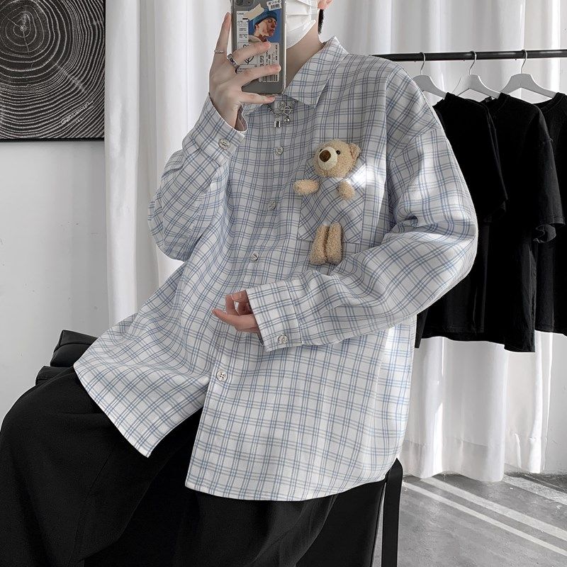 春夏新品港风小熊格子衬衫小清新宽松韩版情侣XZ-221-1-C320-P50，男装衬衫，星座221-1