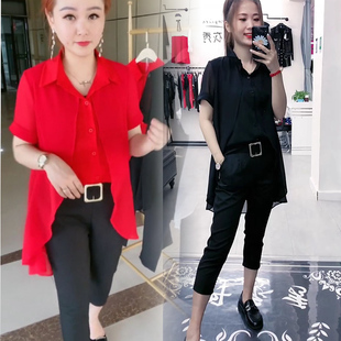 韩版 设计感鱼尾衬衫 套装 显瘦小脚裤 网红女两件套 2021春夏新款 时尚