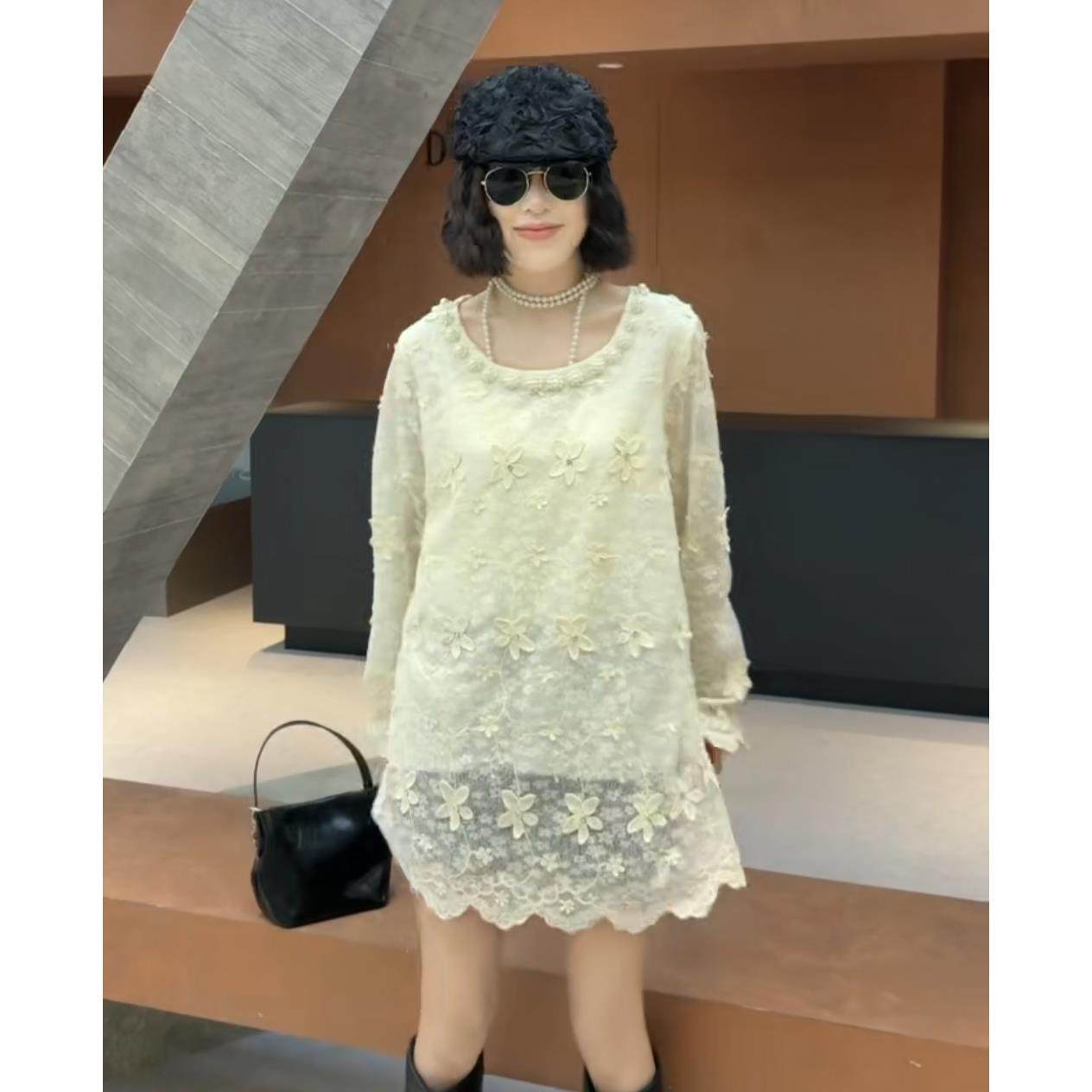 MLF262钉珠通勤灯笼袖蕾丝衫雪纺衫重工时尚打底衫春季