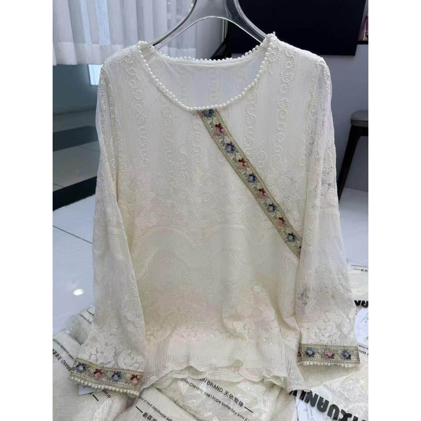 TY25188V领长袖刺绣常规碎花钉珠蕾丝衫时尚打底衫小衫镂空
