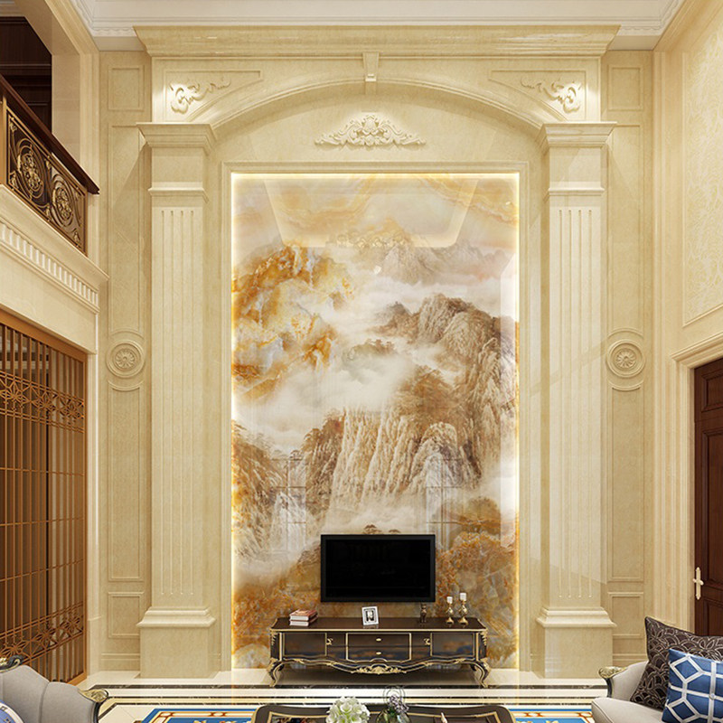 复式楼电视背景墙罗马柱客厅别墅挑空大理石影视墙装饰复古简约