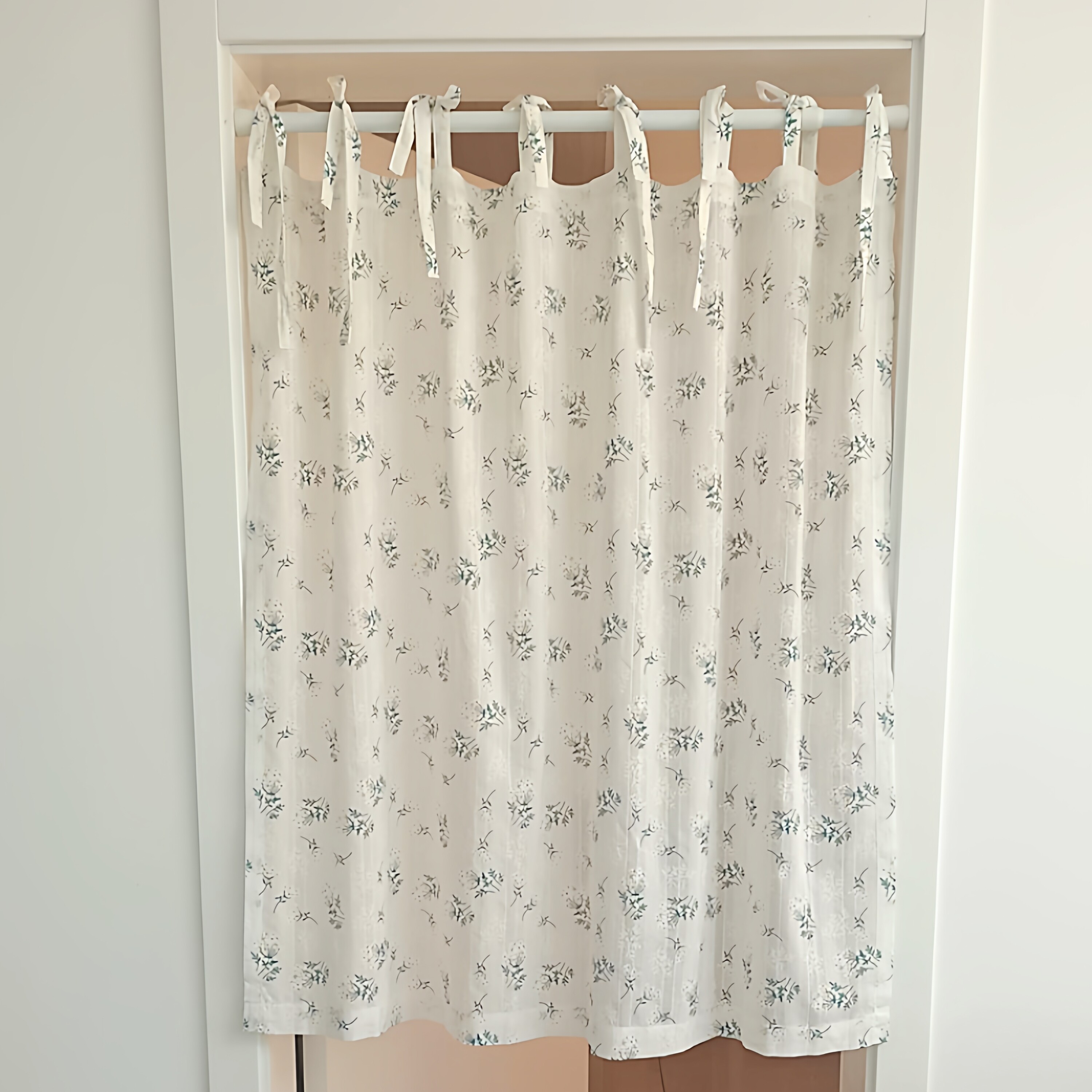 系带式门帘纯棉清新田园布艺厨房卧室卫生间隔断半遮光布帘免打孔