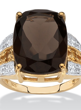 烟熏石英黄水晶白托帕石925银镀14k黄金鸡尾酒戒指美国代购59835