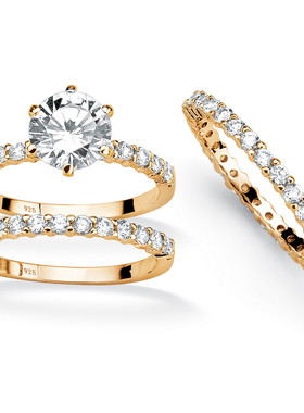 立方氧化锆(苏联钻)/925银镀14k黄金结婚戒指3件套美国代购49901