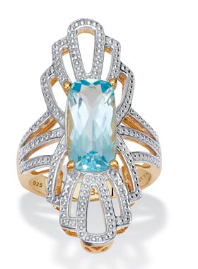 托帕石925银镀14k黄金镂空花戒指