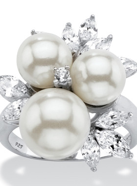 立方氧化锆人造珍珠银镀铂金戒指