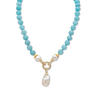 蓝色亚马逊石立方氧化锆淡水珍珠欧美时尚可拆项坠美国代购64939