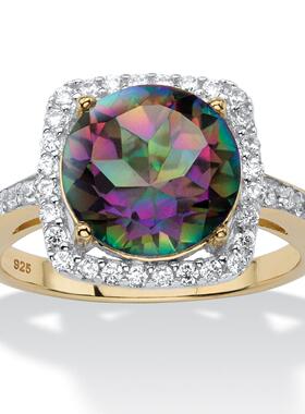 石英立方氧化锆925银镀14k金戒指