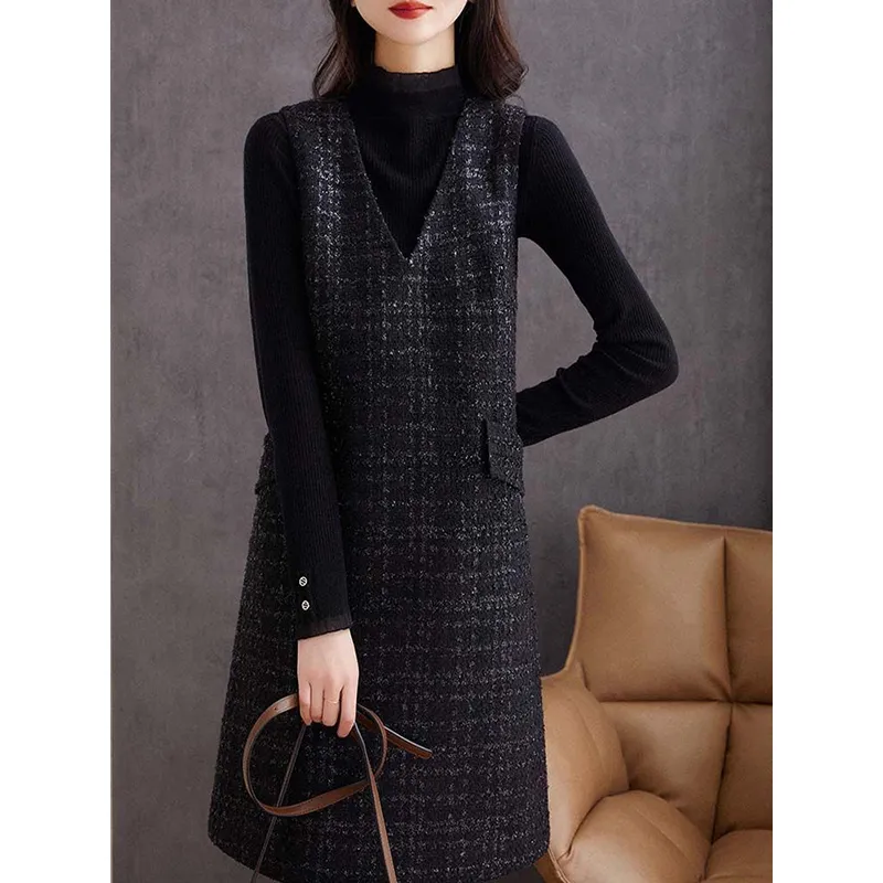 复古小香风粗花呢无袖V领背心连衣裙2025秋季新款减龄中长打底裙,女装/女士精品,连衣裙,淘宝优惠券,粉丝福利购,淘宝优惠卷