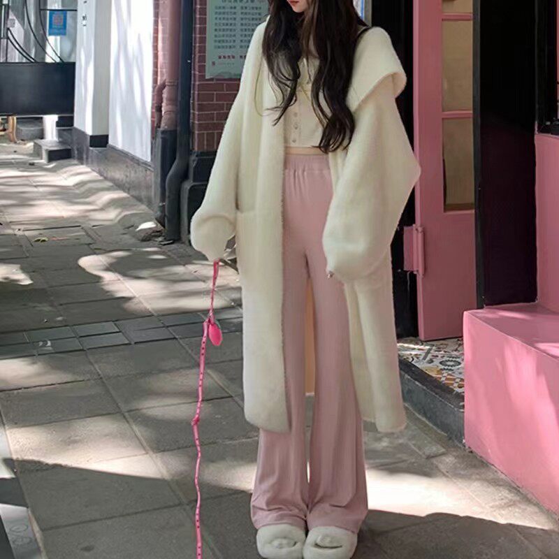 气质显瘦仿水貂绒长款毛衣外套女秋冬新款宽松慵懒风连帽针织开衫