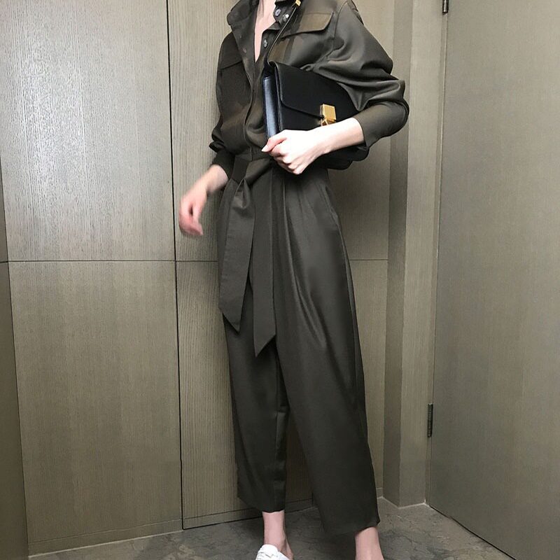 工装风连衣裤女高腰哈伦套装军绿气质小个子立体裁剪显瘦显高时髦