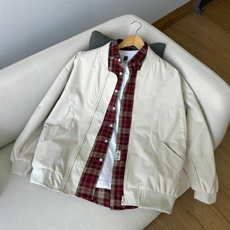 美式上衣宽松高级感夹克男高级春秋浅色立领情侣棒球服飞行服外套