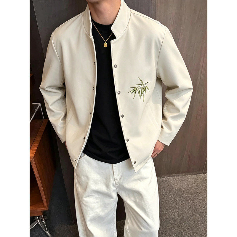 新中式PU皮刺绣立领男夹克男上衣