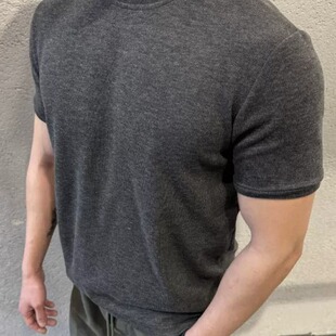 MY圆领正肩运动风修身短袖T恤型男正肩弹力收口袖打底衫纯色上衣