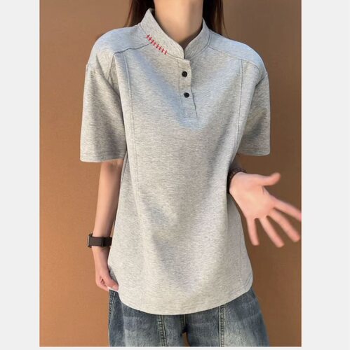 灰色立领纽扣刺绣短袖T恤男女生