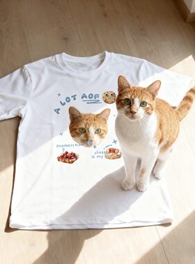 新款猫咪印花宽松短袖情侣T恤男