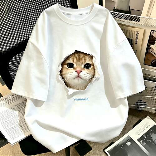 重磅纯棉猫咪破洞宽松短袖T上衣