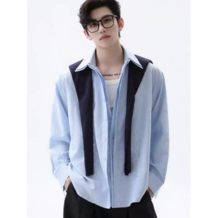 褶皱肌理设计休闲百搭衬衣开衫 简约假两件披肩条纹衬衫 新款 MY春季