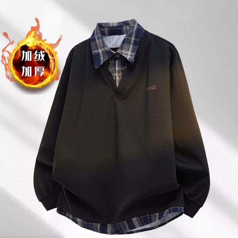 MY新款男士青年格子休闲长袖加厚纯色polo领假两件翻领加绒款卫衣