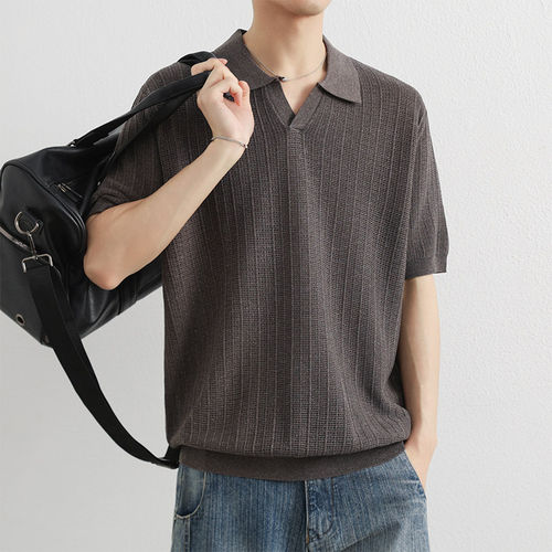 老钱风条纹简约短袖针织POLO衫男