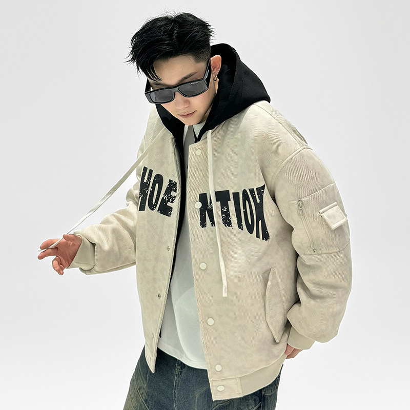 美式连帽可拆卸外套宽松休闲棉衣