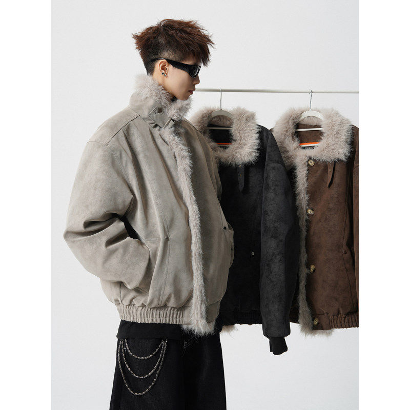 美式复古毛领棉服男加绒加厚棉衣