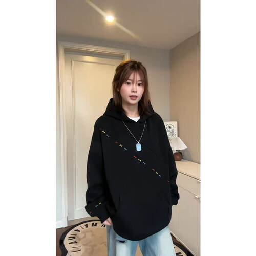 新款斜切刺绣连帽卫衣重磅男女潮