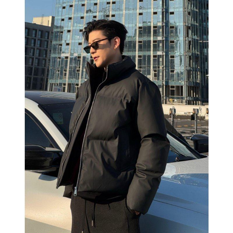MY冬季复古纯色保暖短款棉服立领正肩休闲百搭棉衣男加厚皮质棉袄