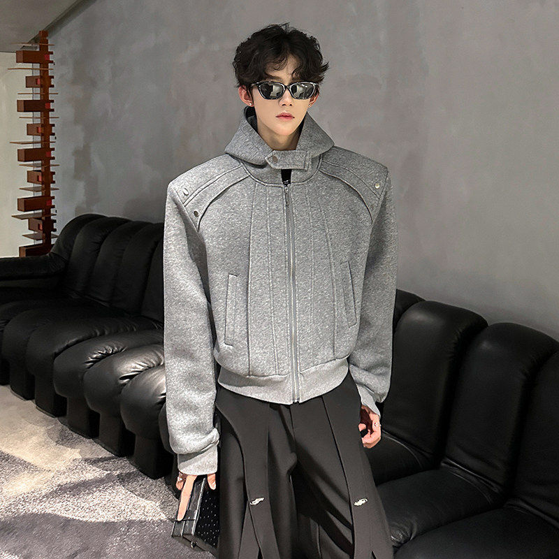 MY新款美式立体解构短款垫肩开衫卫衣男款潮牌高级感休闲连帽外套