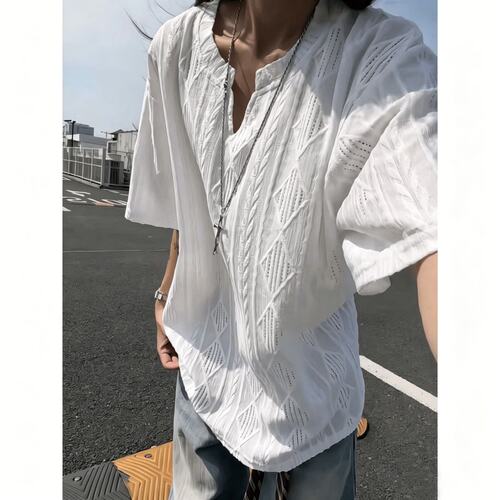 老钱风V领短袖镂空提花T半袖上衣