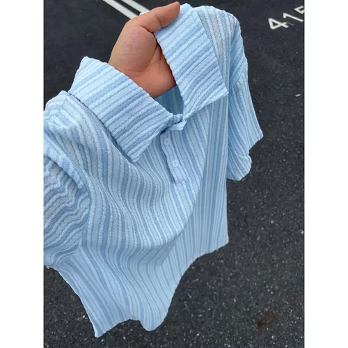 美式复古条纹宽松短袖POLO衫半袖