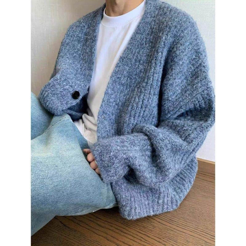 MY冬季美式慵懒风高级感重磅开衫毛衣男士混色短宽粗线针织衫外套